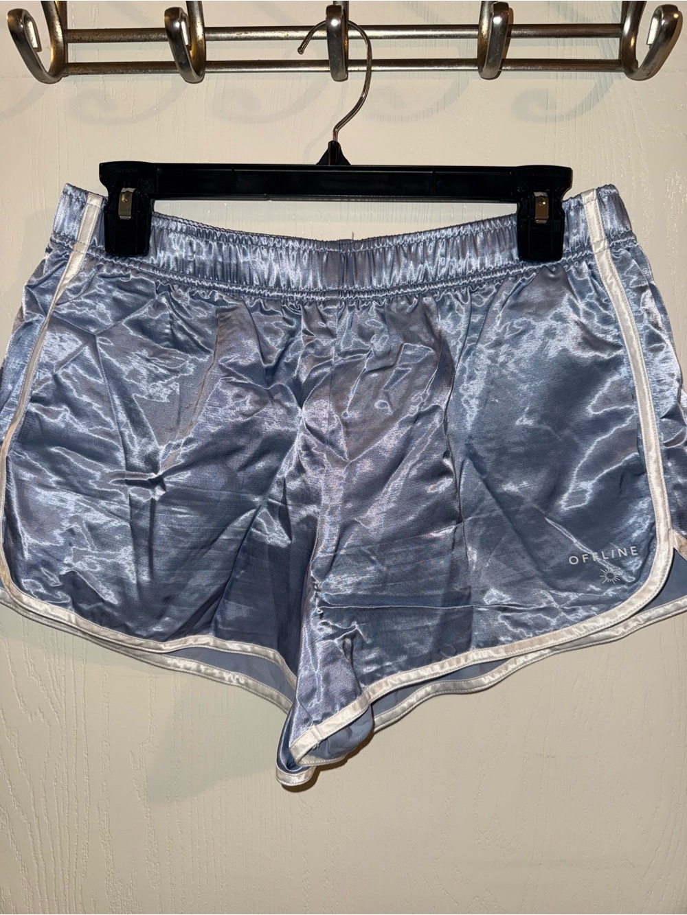 aerie Light Blue Satin Track Shorts with White Trim